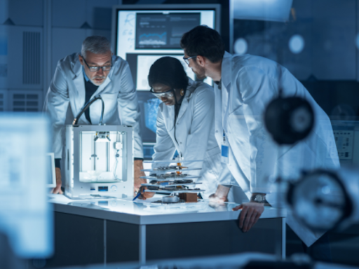 People discussing medical device design and development in a lab