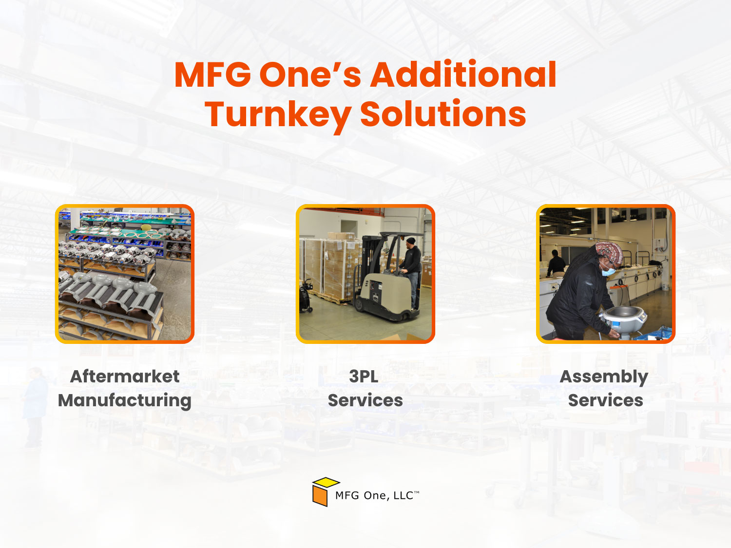 Turnkey solutions for plastic injection molding services, including aftermarket manufacturing, 3PL services, and assembly support