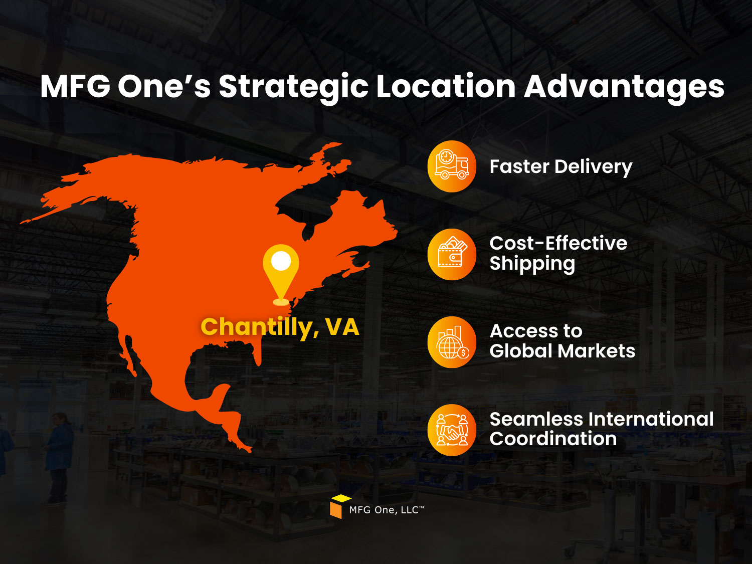 Map highlighting MFG One’s logistics hub advantages for faster delivery and cost-effective shipping