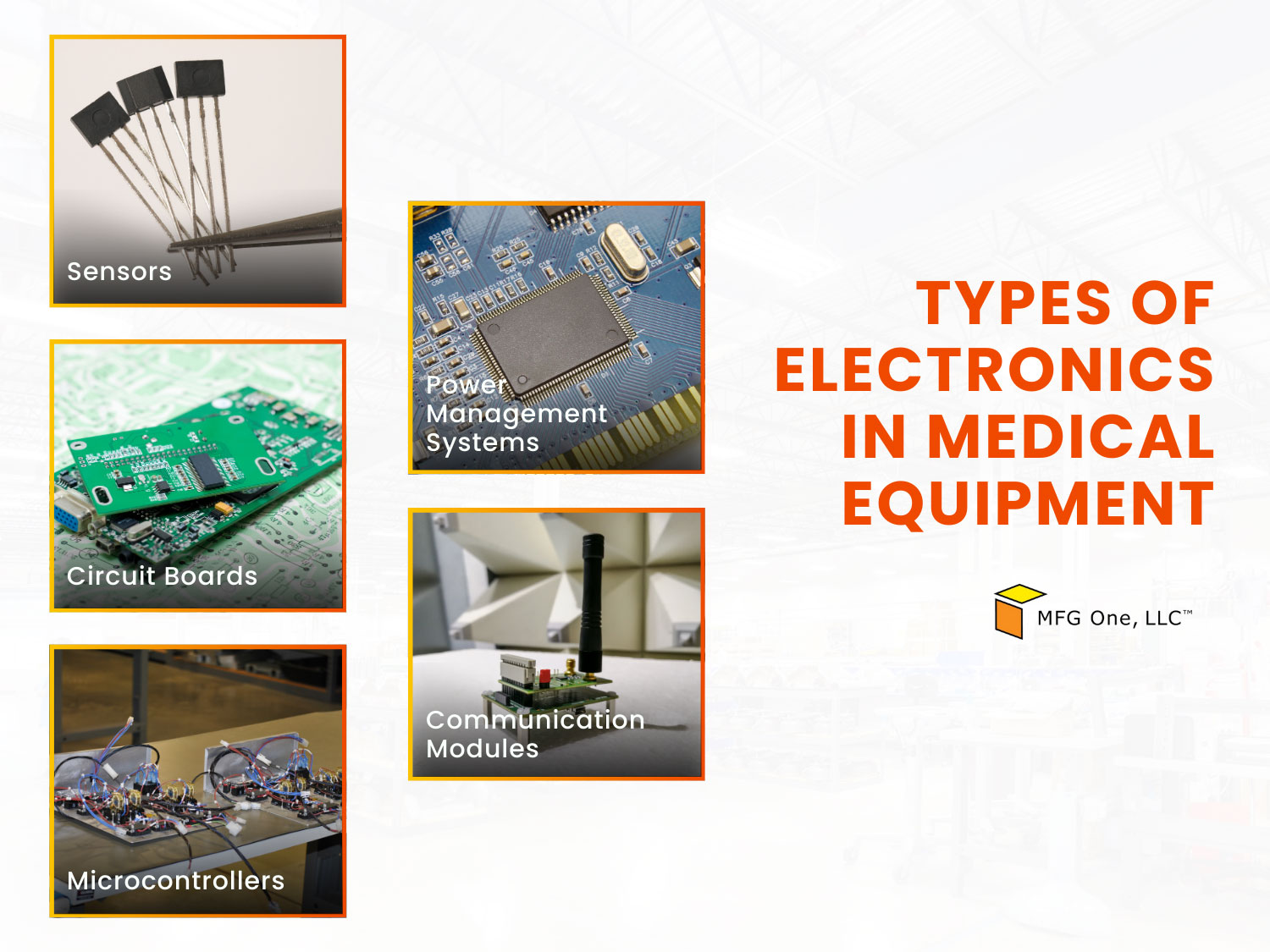 Types of electronics used in medical equipment: sensors, circuit boards, microcontrollers, power systems, and communication modules