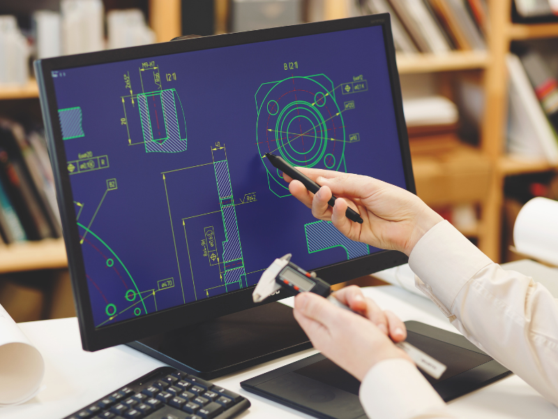 Engineer working on product designs using design & engineering services featuring a CAD file on a computer