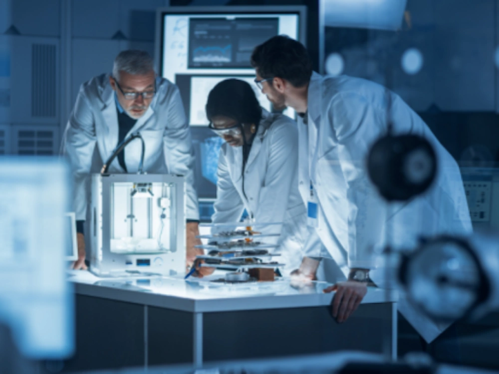 A shot of three laboratory workers closely analyzing the performance of a recently built product, as a part of testing and validation services