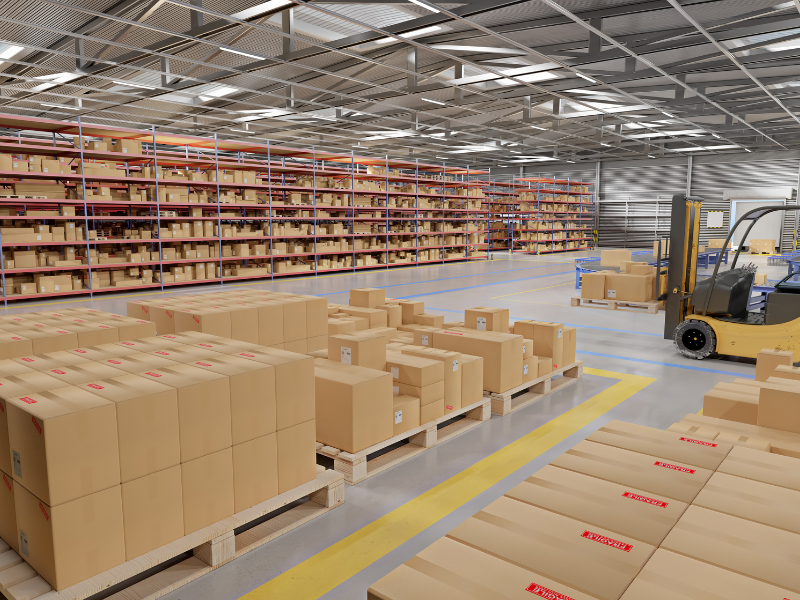 A huge warehouse with packaged goods owned by a materials and logistics services provider in the USA.
