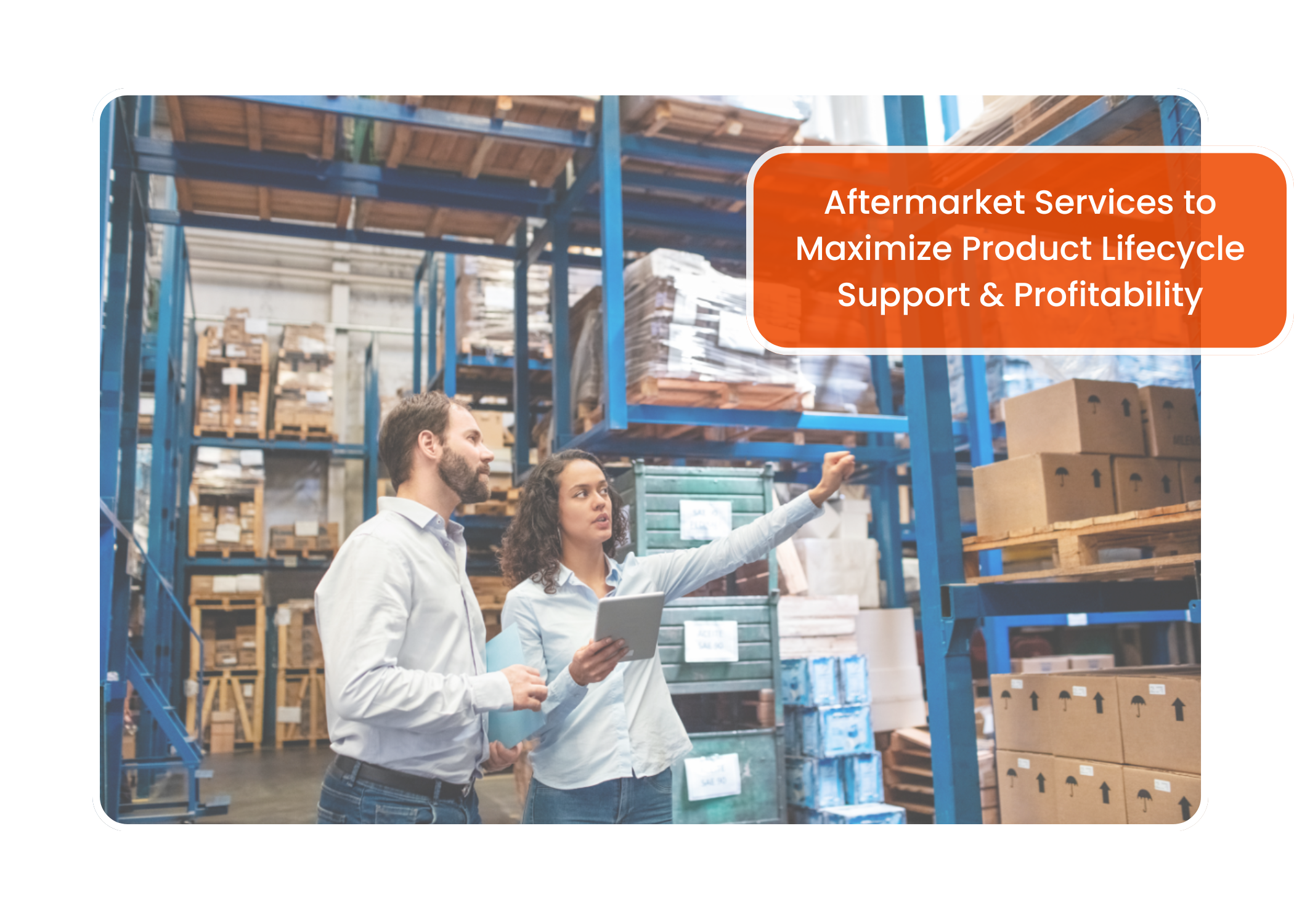 A female logistics specialist coordinating with a manager in a warehouse overseeing product lifecycle support operations at MFG One.