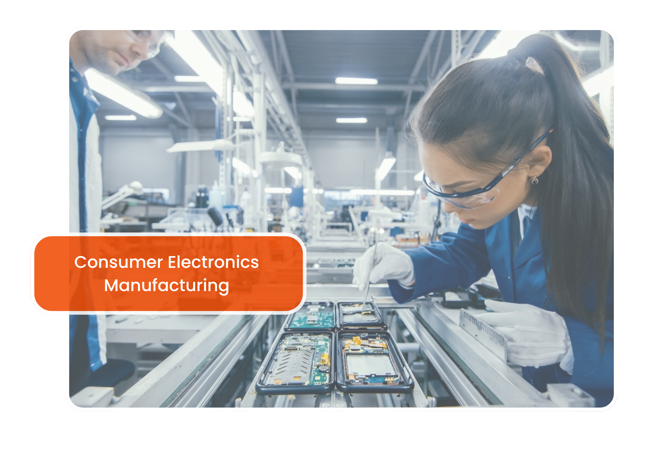 A printed circuit board being assembled at a consumer electronics manufacturing facility in the USA.