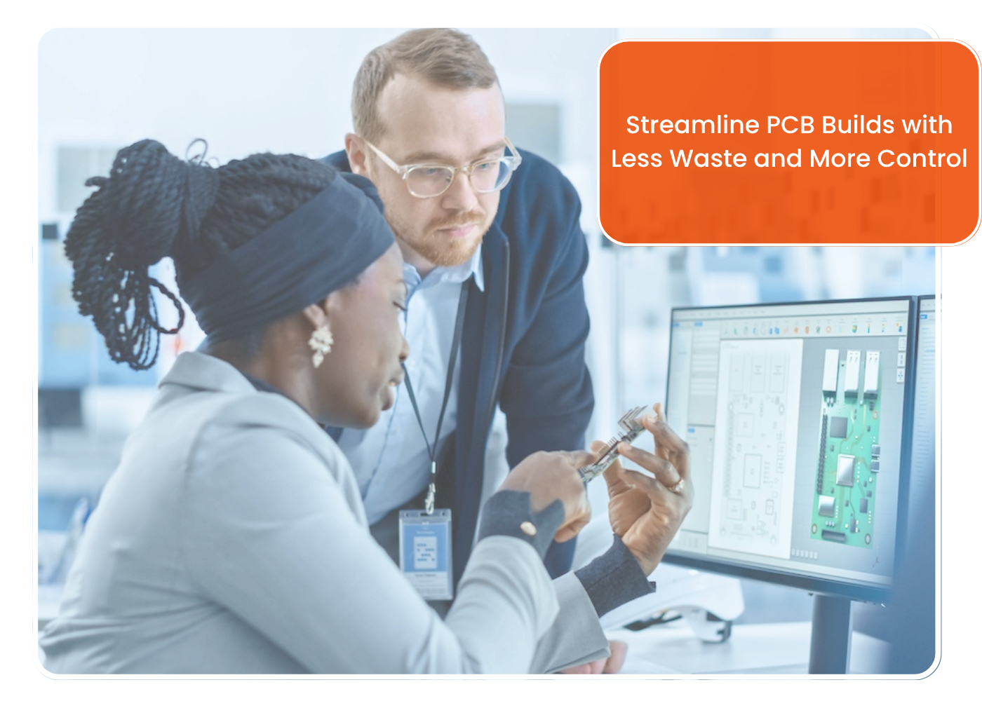 Man and woman reviewing PCB design and assembly plans on a computer screen.