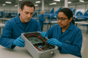 A male and female working on an electronic device as part of the PCB Assembly and Manufacturing process.