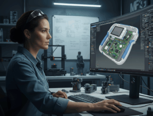 An engineer finalizing a 3D CAD model of a custom electronic product design.