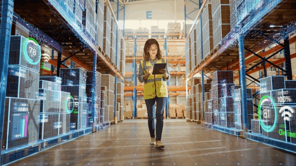 Technician reviewing real-time vendor managed inventory data on an electronic device.